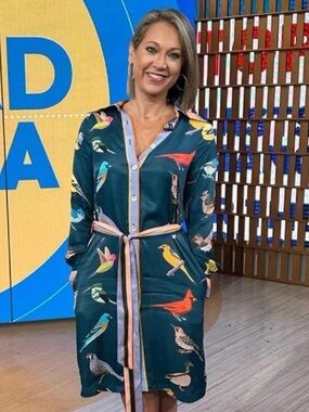 Bird-Print Long Sleeve Shirt Dress in Teal with Self-Tie Belt